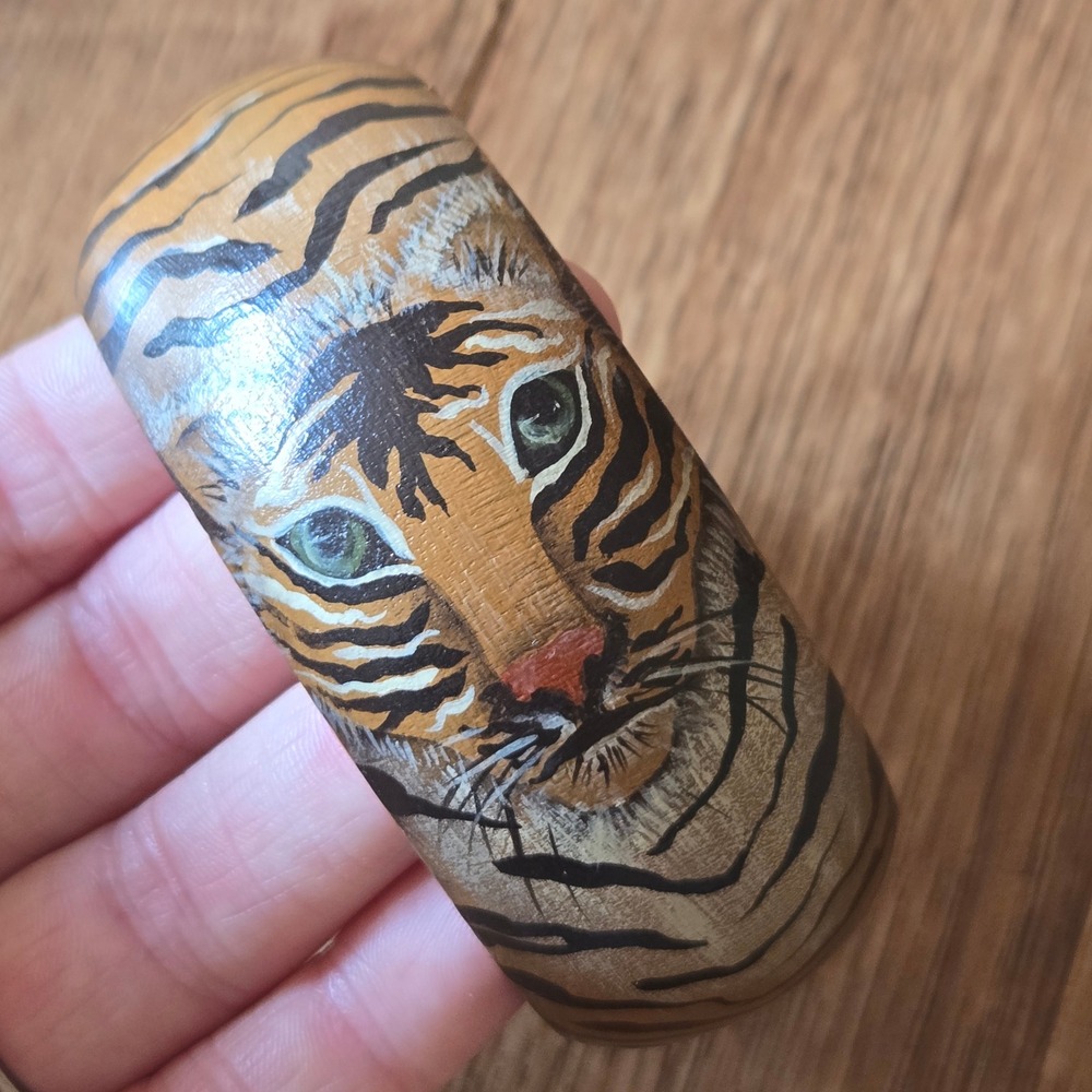 Vicky Price 92 Hand Painted Tiger Wood Bangle Bracelet Vintage Artisan 90s OOAK